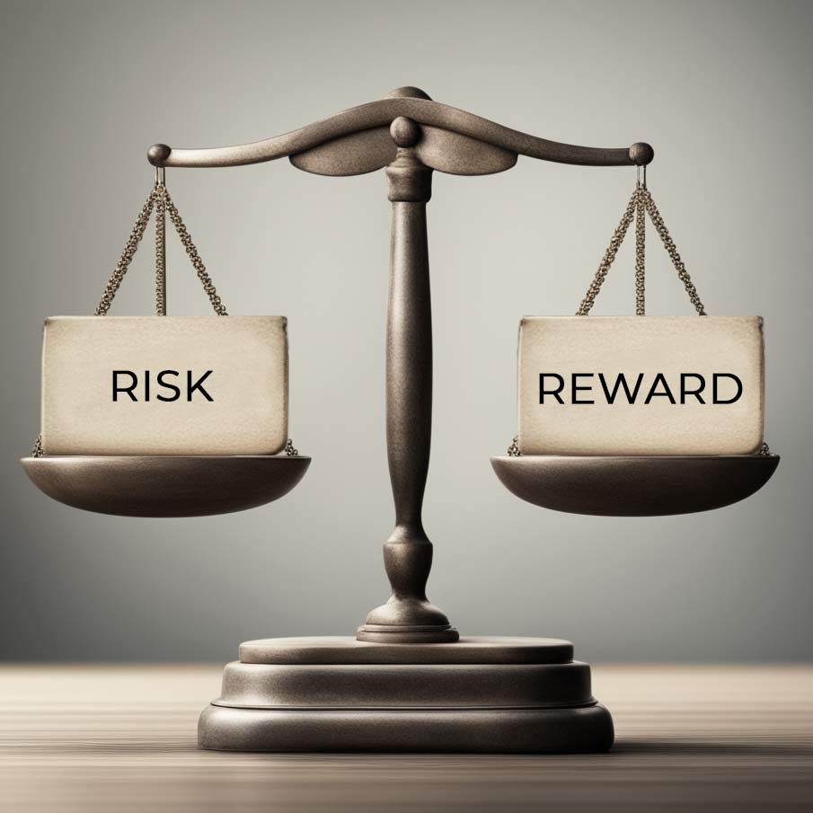 Balance scale showing risk and reward