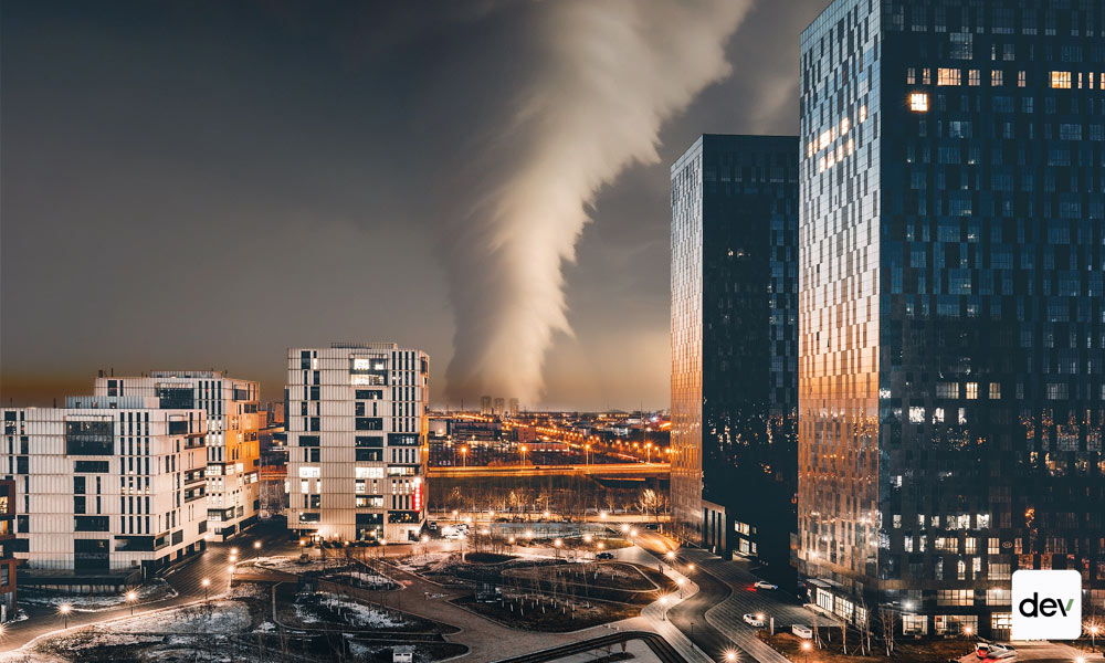 Downtown commercial buildings with tornado