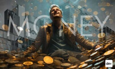 Man sitting in coins with commercial buildings