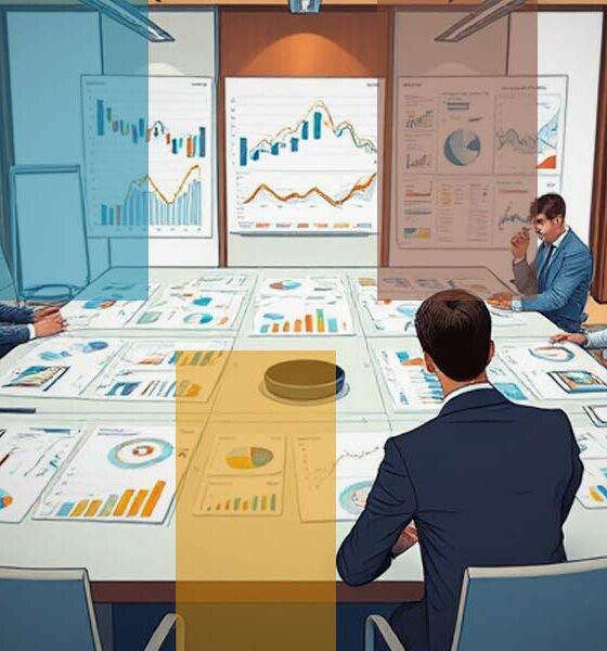 Business men around a conference table of charts and graphs