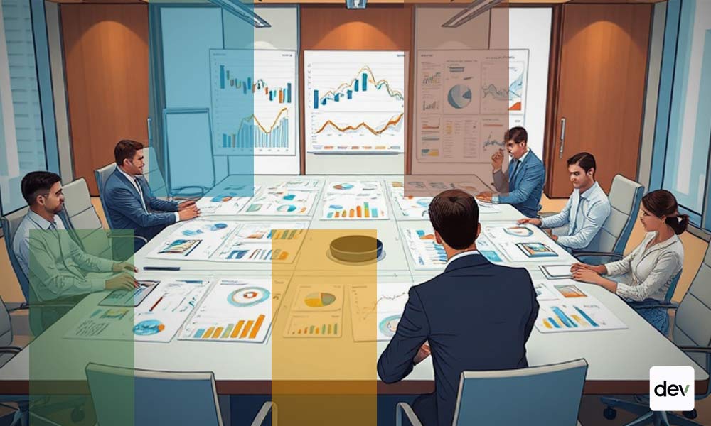 Business men around a conference table of charts and graphs